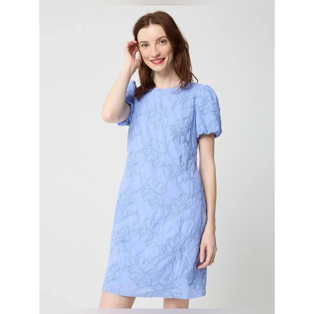 J.CREW Embroidered Puff-Sleeve Mini Dress 8 Tall Dusty Periwinkle Cotton NWT B3